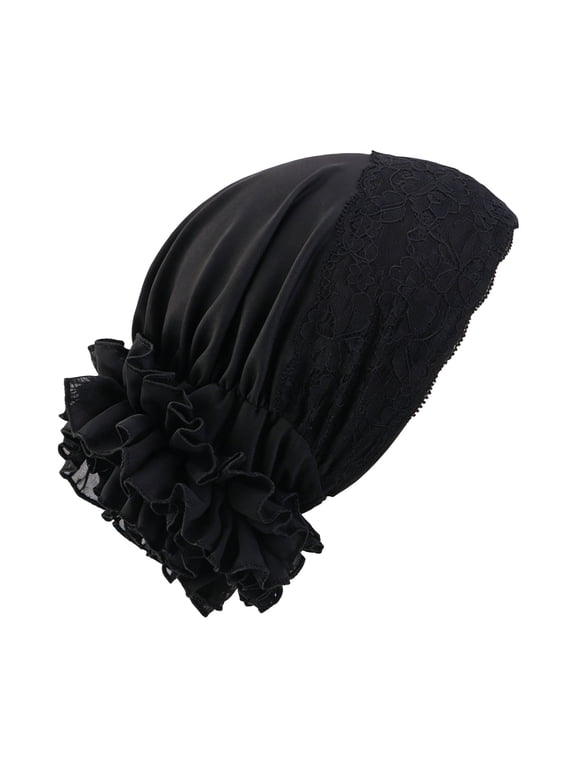 Chemo Cap Elastic Flower Lace Beanie Floppy Hat Cancer Women Patients Stretch Lightweight Comfy Chemo for Hair Loss Patients Black
