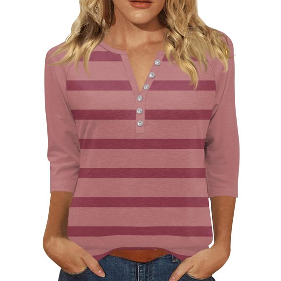 Comdrip Comfy Tops for Women, 3/4 Length Sleeve Womens Tops Cotton Button V Neck Shirt Casual Shirts Blouses Three Quarter Sleeve Tops Woman Hot Pink L