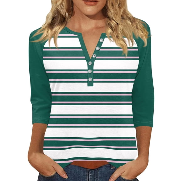 Comdrip Comfy Tops for Women, 3/4 Length Sleeve Womens Tops Cotton Button V Neck Shirt Casual Shirts Blouses Three Quarter Sleeve Tops Woman Green XL