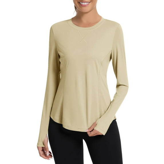 Comdrip Compression Shirts Woman, Women's Autumn Fitness Suit Slim Fit with Fingertips Yoga Long Sleeve Training Running Top Undershirts for Women Beige L