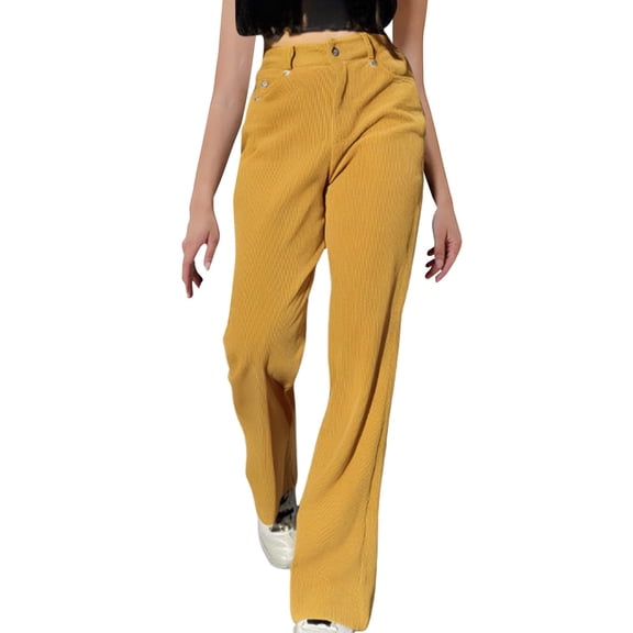 Comdrip Corduroy Pants Women, Women's High Waist Wide Leg Pants Straight Tube Loose Temperament Corduroy Overalls Leisure Flared Pants Work Pants Women Yellow S