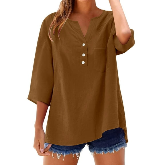 Comdrip Cotton Muslin Shirt Women! Cotton Linen Shirts for Women Summer Button Down Tops 3/4 Length Sleeve Casual Blouses Oversized Tshirts 2025 Gauze Shirts for Women Coffee 5XL