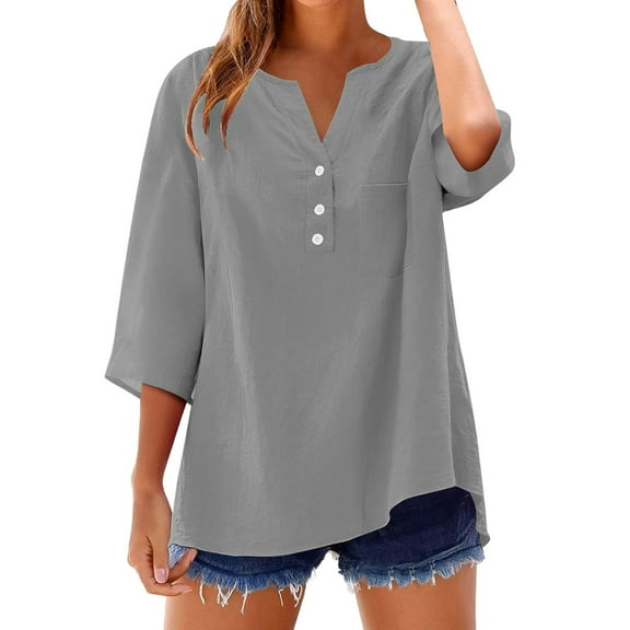 Comdrip Cotton Muslin Shirt Women! Cotton Linen Shirts for Women Summer Button Down Tops 3/4 Length Sleeve Casual Blouses Oversized Tshirts 2025 Gauze Shirts for Women Grey 3XL