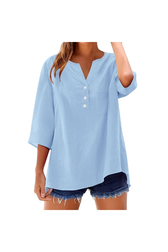 Cotton Muslin Shirt Women! Cotton Linen Shirts for Women Summer Button Down Tops 3/4 Length Sleeve Casual Blouses Oversized Tshirts 2025 Gauze Shirts for Women Light Blue 4XL