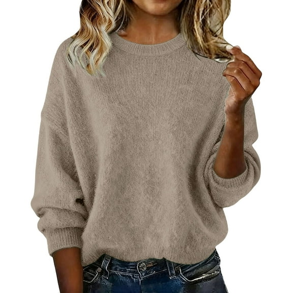 Comdrip Crew Neck Sweater for Women, Women Casual Long Sleeve Sweaters Loose Solid Pullover Sweater Crewneck Pullover Fall Sweaters for Women Khaki M