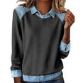 thumbnail image 1 of Comdrip Denim Collar Sweater, Women's Casual Lapel Stitching Pullover Sweatshirt Loose Fit Color Block Pullover Sweatshirt Retro Streetwear Cute Sweatshirts for Women Dark Gray M, 1 of 4