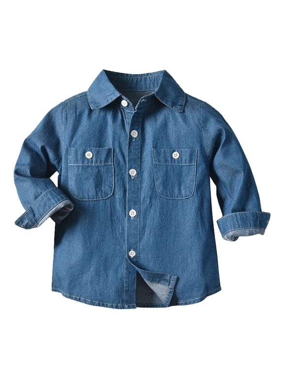 Fall Jacket for Boys Girls Kids Thin Denim Lapel Shirt Autumn Casual Long Sleeve Top Blue 70