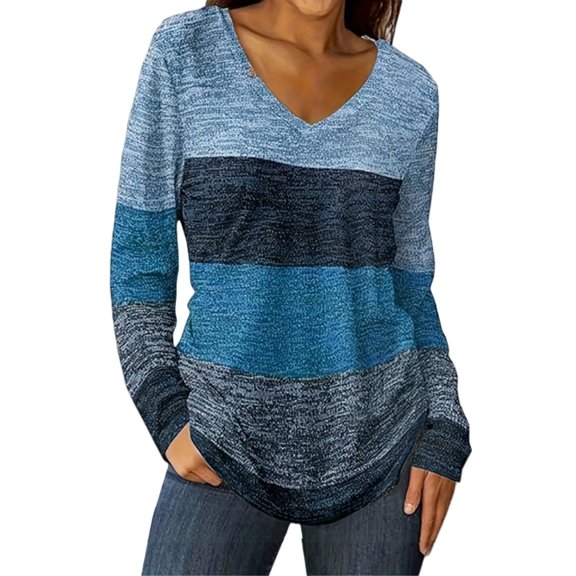 Comdrip Fall Tops for Women, Ladies' Color Blocked Long Sleeved V Neck T Shirt Fall Clothes Sky Blue XL
