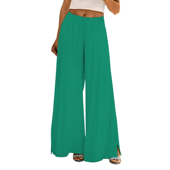Comdrip Flowy Pants, Women's Solid Color Drawstring Wide Leg Trousers Palazzo Pants for Women Casual Green XL