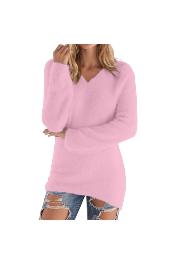 Fuzzy Sweater, Women's Fashionable Long Sleeve Pullovers Loose Fuzzy Jumper Sweater Fall 2025 V Neck Oversized Cozy Sweaters Soft Sweaters for Women Pink L