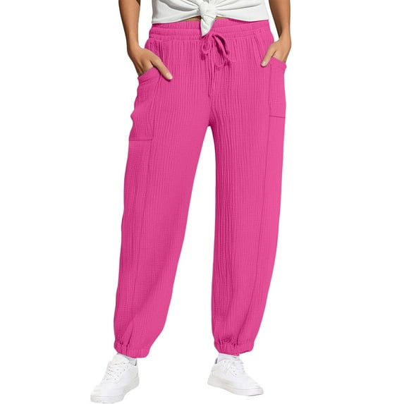 Comdrip Gauze Pants, Women's Linen Wide Leg Pants Casual Loose High Waist Beach Haren Pants Pockets Summer Pants Hot Pink S