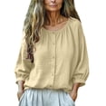 thumbnail image 1 of Comdrip Gauze Shirts for Women Linen Shirts for Women Vacation Travel Button Down 3/4 Length Sleeve Womens Tops Spring Crew Neck Beach Top Womens Button Down Shirt Beige M, 1 of 5