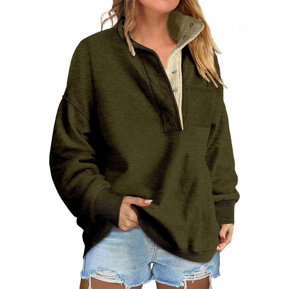 Comdrip Half Button Pullover Women, Ladies' Casual Button Pocket Stand Collar Fleece Lined Warm Sweatshirt Warm Pullover Tops Sweatshirts for Women Loose Fit Blackish Green L