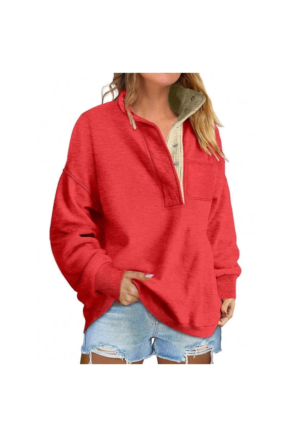 Half Button Pullover Women, Ladies' Casual Button Pocket Stand Collar Fleece Lined Warm Sweatshirt Warm Pullover Tops Sweatshirts for Women Loose Fit orange 2XL