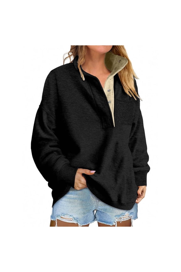 Half Button Pullover Women, Ladies' Casual Button Pocket Stand Collar Fleece Lined Warm Sweatshirt Warm Pullover Tops Sweatshirts for Women Loose Fit Black 2XL