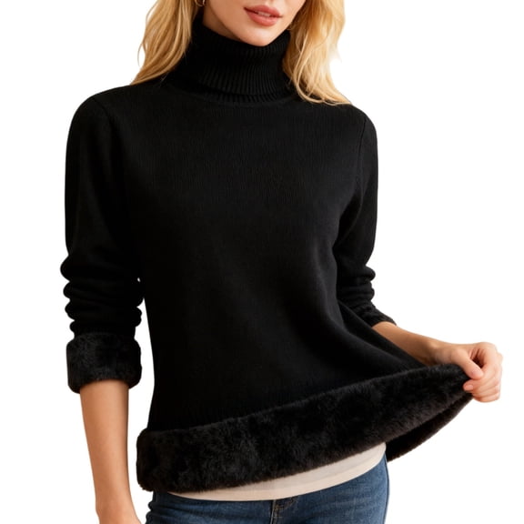 Comdrip High Neck Sweaters for Women, Womens Turtleneck Fuzzy Sweaters Fall Pullover Sweater Cable Knit Long Sleeve Sweater Tops Winter Sweaters Black L