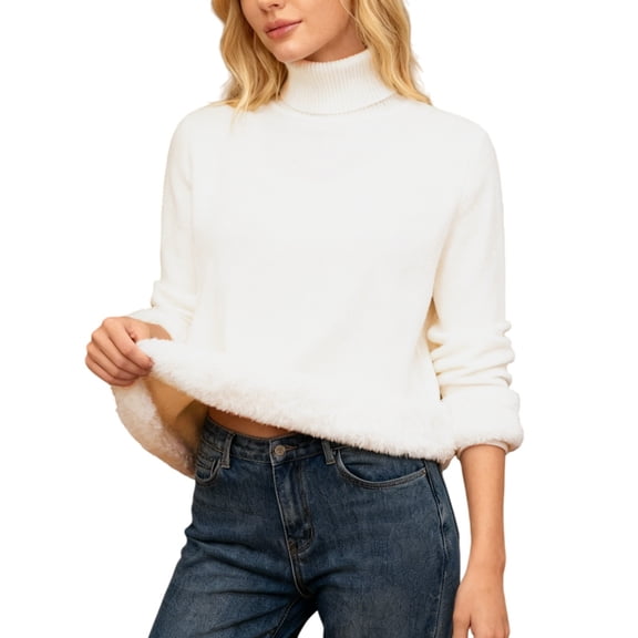 Comdrip High Neck Sweaters for Women, Womens Turtleneck Fuzzy Sweaters Fall Pullover Sweater Cable Knit Long Sleeve Sweater Tops Winter Sweaters White 2XL
