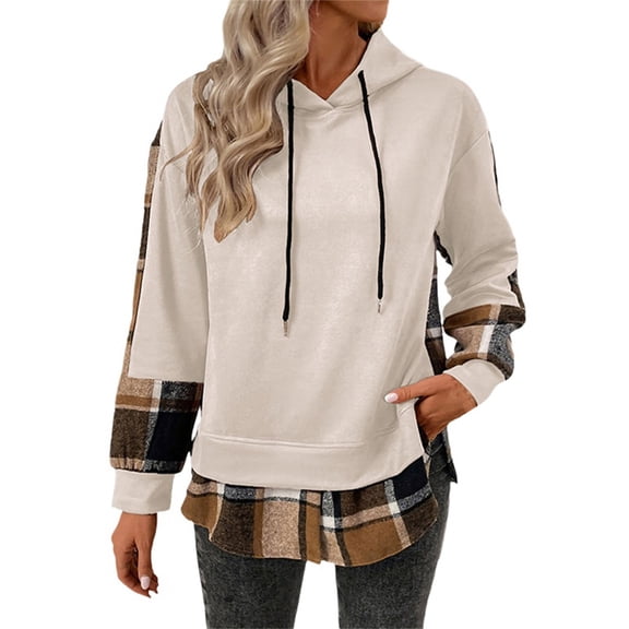 Comdrip Hoodies Y2K, Patchwork Plaid Hoodies for Women Casual Fall Long Sleeve Hooded Sweatshirts Casual Pullover Tops Women's Hoodies Beige S