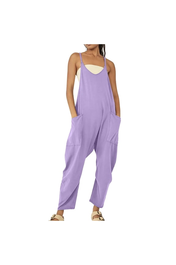 Jumpers for Women, Women's Casual Sleeveless Jumpsuits V Neck Spaghetti Strap Overalls Long Pants Romper with Two Pockets one Piece Jumpsuits for Women Purple2 L