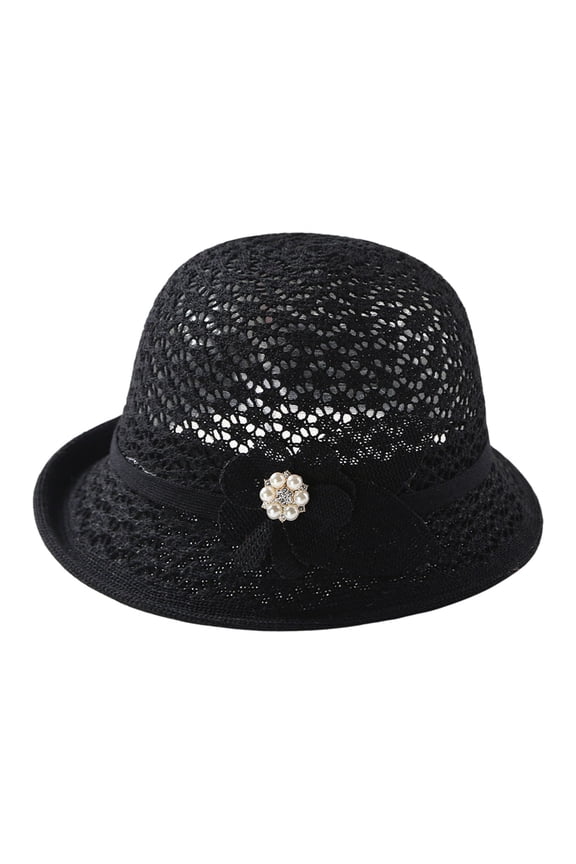 Knit Cloche Hats Elegant for Women Vintage Pearl Lightweight Breathable Bowler Crochet Hat Floral Fedora Bucket Hats Church Hat Black
