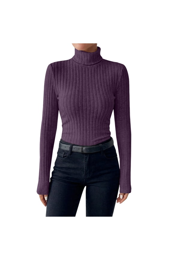 Ladies Sweaters, Women's 2026 High Neck Long Sleeve Ribbed Knit T Shirt Top Solid Color Long Sleeve T Shirt Elegant Tops for Women Dark Purple S