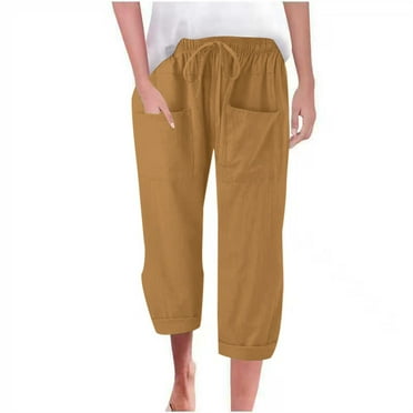 Comdrip Light Weight Capris for Women Summer! Women Fashion High Waisted Wide Leg Pants Elastic Trousers Comfy Straight Leg Long Pants with Pockets Womens Capris for Summer Khaki M