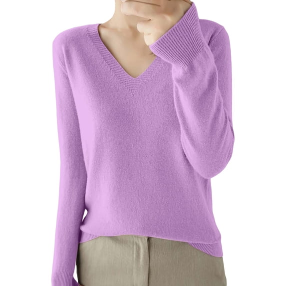 Comdrip Lightweight Sweaters for Women, Casual V Neck Sweaters for Women Long Sleeve Crew Neck Soft Knitted Pullover Knitted Blouse Comfy Sweaters for Women Light Violet 2XL