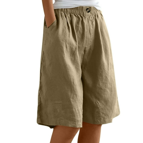 Comdrip Linen Beach Pants Women, Women's Summer Cotton Linen Shorts Loose Fit Elastic Waist Knee Length Cosy Shorts Casual Beach Shorts with Pockets Light Weight Shorts for Women Khaki 3Xl