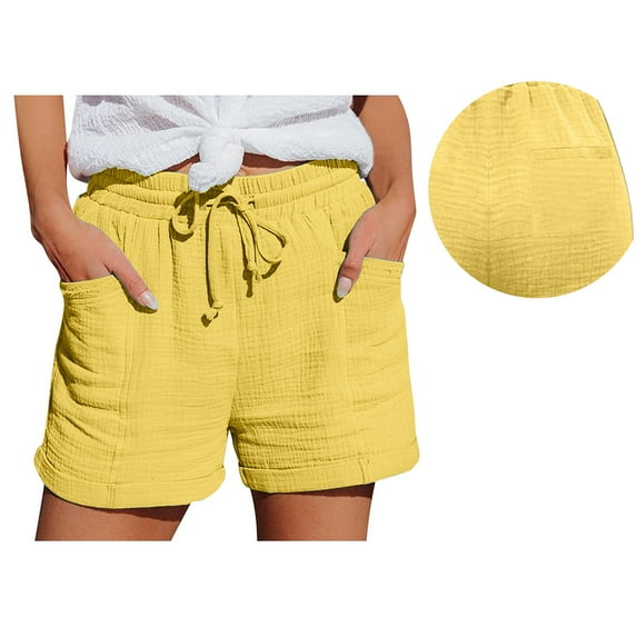 Comdrip Linen Drawstring Pants Women, Women's Fashion Casual High Waist Pants Straight Leg Sports Casual Loose Shorts Summer Shorts for Women Yellow Xl