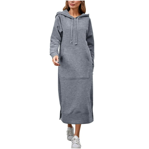 Comdrip Long Hoodies for Women, Women's Casual Pocket Slim Pullover Hoodie Dress 2025 Fall Pullover Oversized Sweatshirt for Women Hoodie Dress for Women Grey 2XL