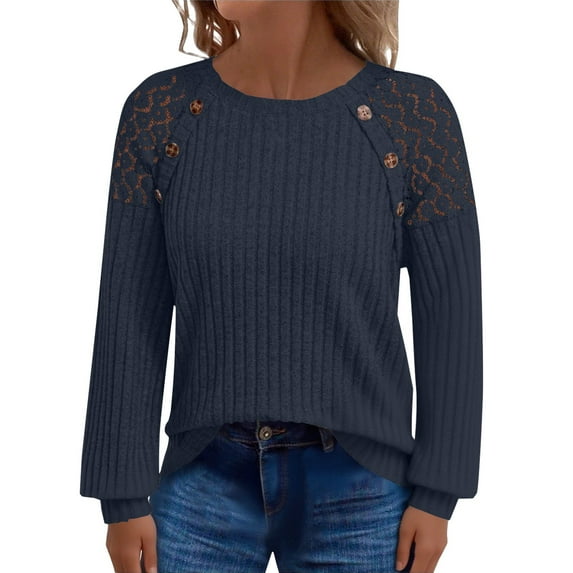 Comdrip Long Sleeve Lace Tops for Women, Women Long Sleeve Shirts Lightweight Sweaters Casual Shirt V Neck Lace 2025 Fall Fashion Clothes Womens Lace Long Sleeve Tops Navy 4XL