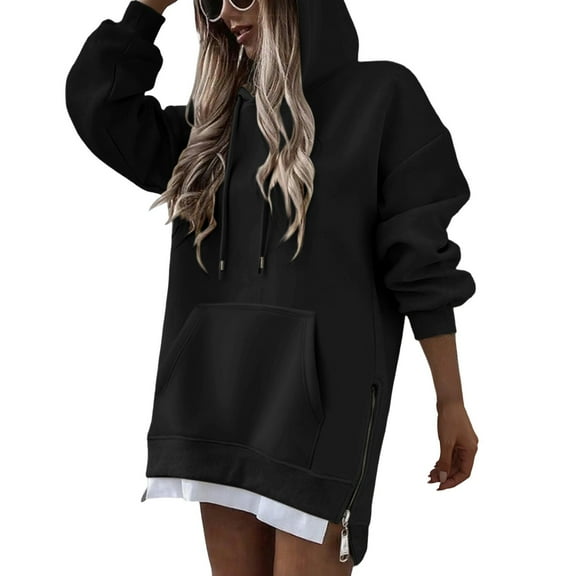 Comdrip Oversized Hoodie Dress, Cute Sweatshirts for Women Trendy Hoodie Dress for Women Pullover Sweatshirt Split with Pockets Hooded Dress Black M