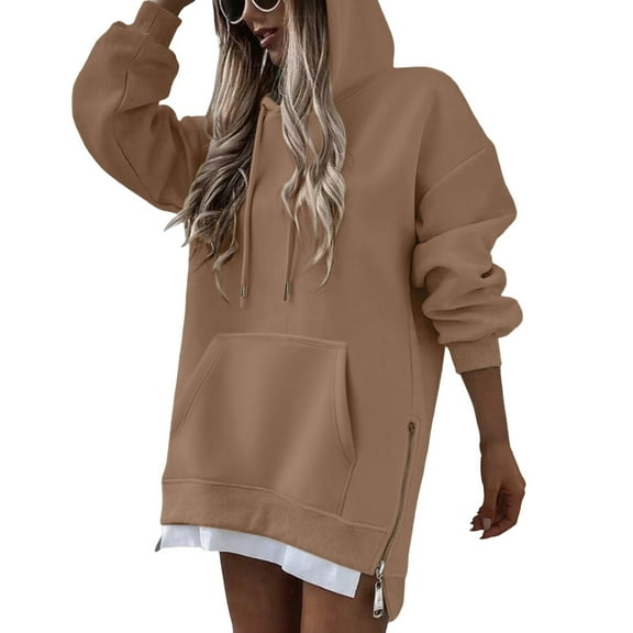 Comdrip Oversized Hoodie Dress, Cute Sweatshirts for Women Trendy Hoodie Dress for Women Pullover Sweatshirt Split with Pockets Hooded Dress Brown M
