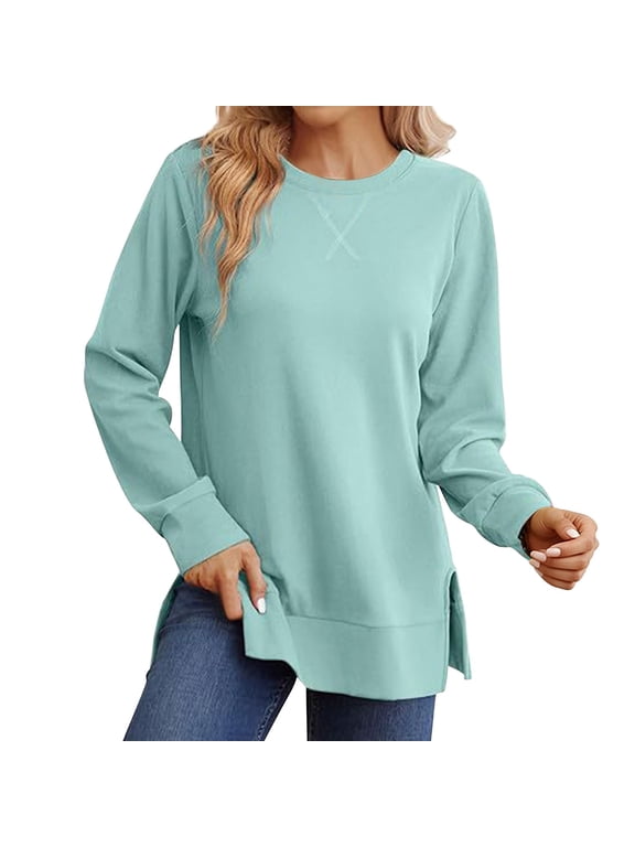 Oversized Long Sleeve Side Split Sweatshirts Floppy Pullover Crew Neck Fall Winter Lightweight Sweaters for Women Light Blue Xs