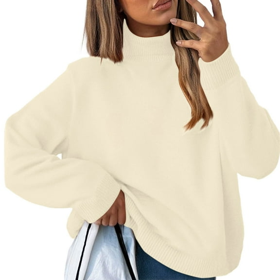 Comdrip Oversized Sweater Women, Women's Long Sleeve Jumper Tops 2025 Fall Chunky Knit Pullover Cozy Knit Loose Casual Trendy Pullover Tops Womens Mock Neck Sweater Beige M