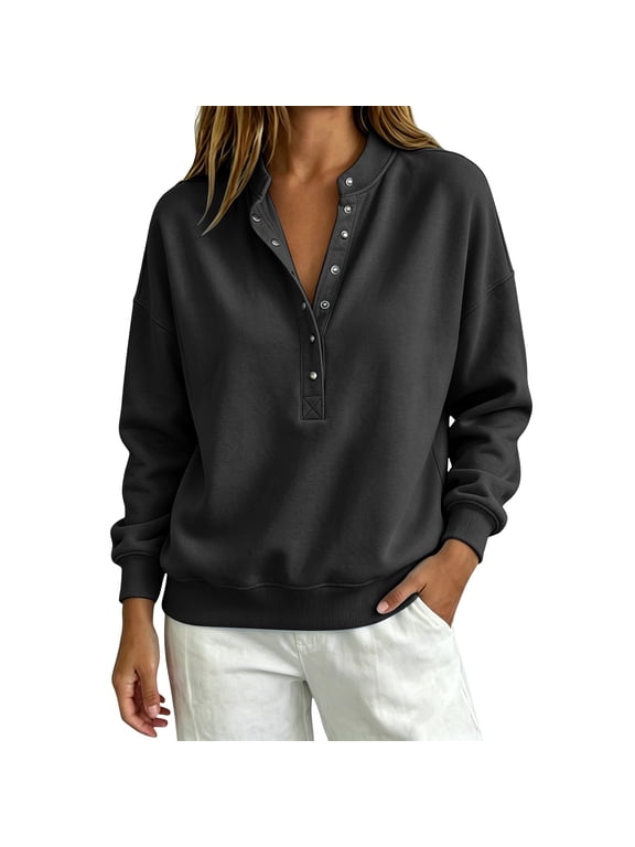 Oversized Sweaters for Women Trendy Button down Sweatshirts Casual Snap V-Neck Long Sleeve Pullover Fall Travel Tops Black 2Xl