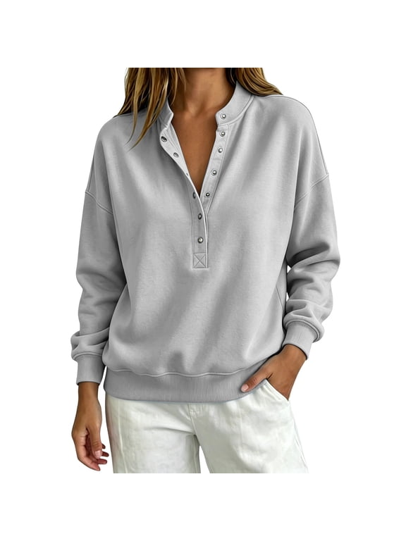 Oversized Sweaters for Women Trendy Button down Sweatshirts Casual Snap V-Neck Long Sleeve Pullover Fall Travel Tops Grey S