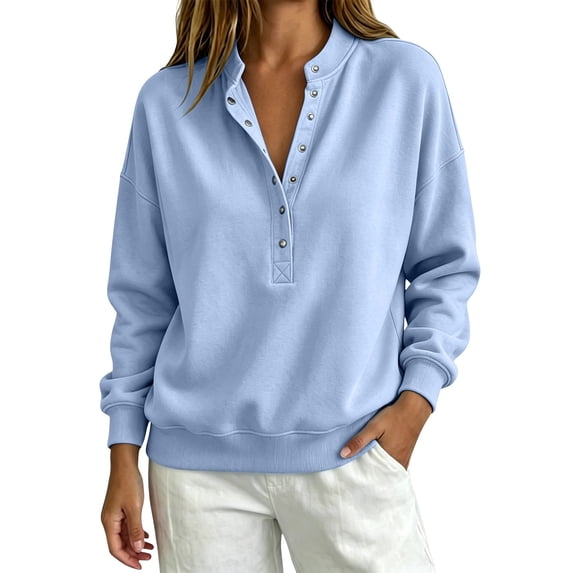 Comdrip Oversized Sweaters for Women Trendy Button down Sweatshirts Casual Snap V-Neck Long Sleeve Pullover Fall Travel Tops Sky Blue S