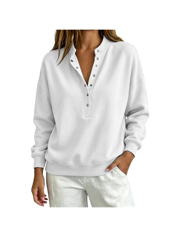 Oversized Sweaters for Women Trendy Button down Sweatshirts Casual Snap V-Neck Long Sleeve Pullover Fall Travel Tops White S