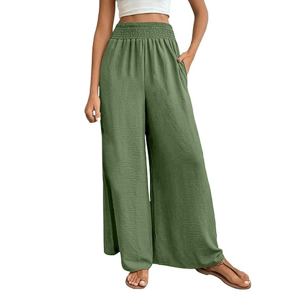 Comdrip Palazzo Pants for Women Plus Size, Women's Textured Elastic High Waisted Wide Leg Pants with Flared Design Elegant Temperament Commuting Casual Pants Culottes for Women Mint Green L