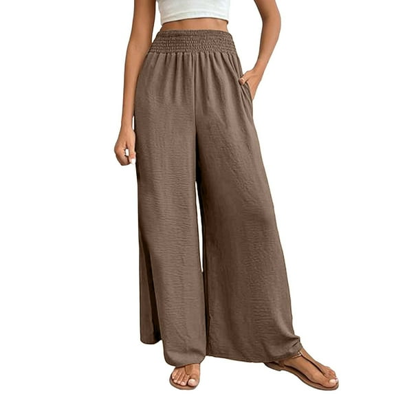 Comdrip Palazzo Pants for Women Plus Size, Women's Textured Elastic High Waisted Wide Leg Pants with Flared Design Simple and Elegant Temperament Commuting Casual Pants Culottes for Women Brown L