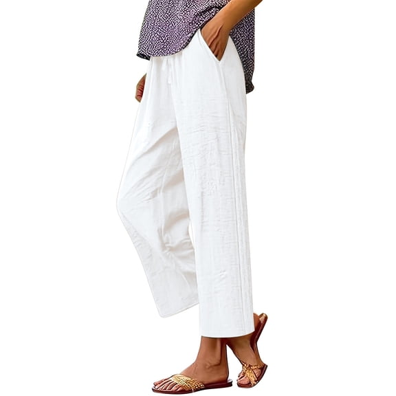 Comdrip Pants for Women Trendy Fashion Women Loose Solid Color Casual Wide Leg Pants Cotton Trousers Womens Flowy Pants White 2XL