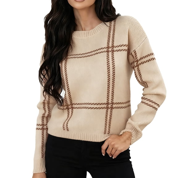 Comdrip Plaid Sweater, Checkered Pullover Sweaters Crew Neck Long Sleeve Fall Clothing Lightweight Sweater for Women Striped Plaid Crew Neck Sweater for Women Khaki XL