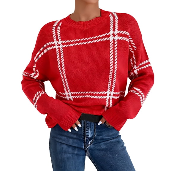 Comdrip Plaid Sweater, Checkered Pullover Sweaters Crew Neck Long Sleeve Fall Clothing Lightweight Sweater for Women Striped Plaid Crew Neck Sweater for Women Red S