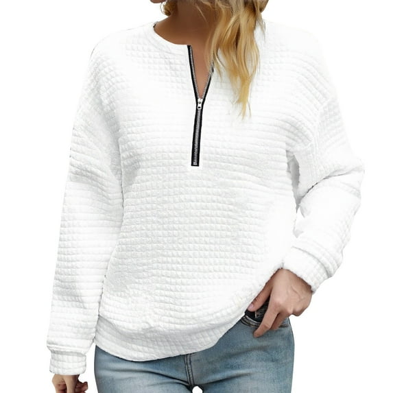 Comdrip Quarter Zip Women, Women' V Neck Pullover Top Zipper Waffle Knit Long Sleeve Sweatshirt Top Soft Sweatshirts Loose Pullover Tops Womens Pullover White S