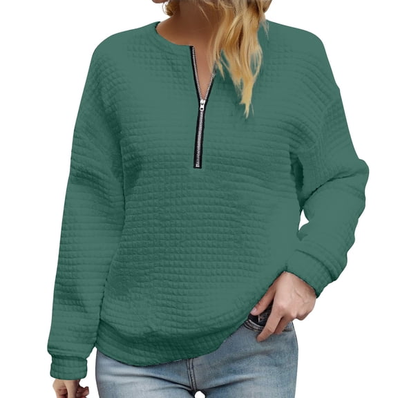 Comdrip Quarter Zip Women, Women' V Neck Pullover Top Zipper Waffle Knit Long Sleeve Sweatshirt Top Soft Sweatshirts Loose Pullover Tops Womens Pullover Blackish Green M