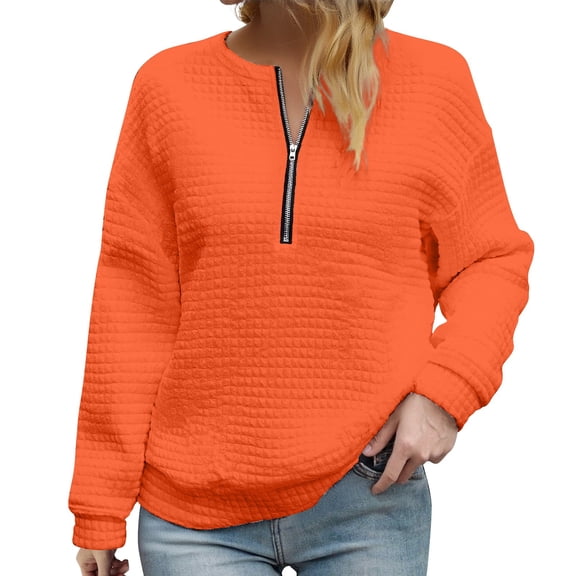 Comdrip Quarter Zip Women, Women' V Neck Pullover Top Zipper Waffle Knit Long Sleeve Sweatshirt Top Soft Sweatshirts Loose Pullover Tops Womens Pullover orange M