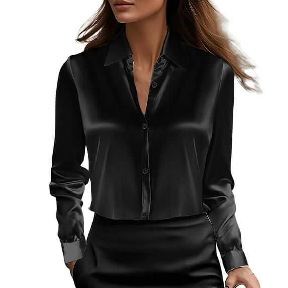 Comdrip Satin Button Down Shirts for Women, Satin Blouses for Women Button Down Shirts Long Sleeve Tops Button Up Shirt Women Brown XL