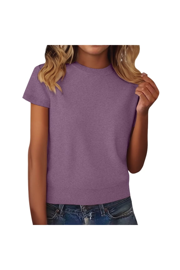 Short Sleeve Sweater for Women, Women's Wool Blend Fall Layering Pullover Sweaters Womens Short Sleeve Sweater Purple L
