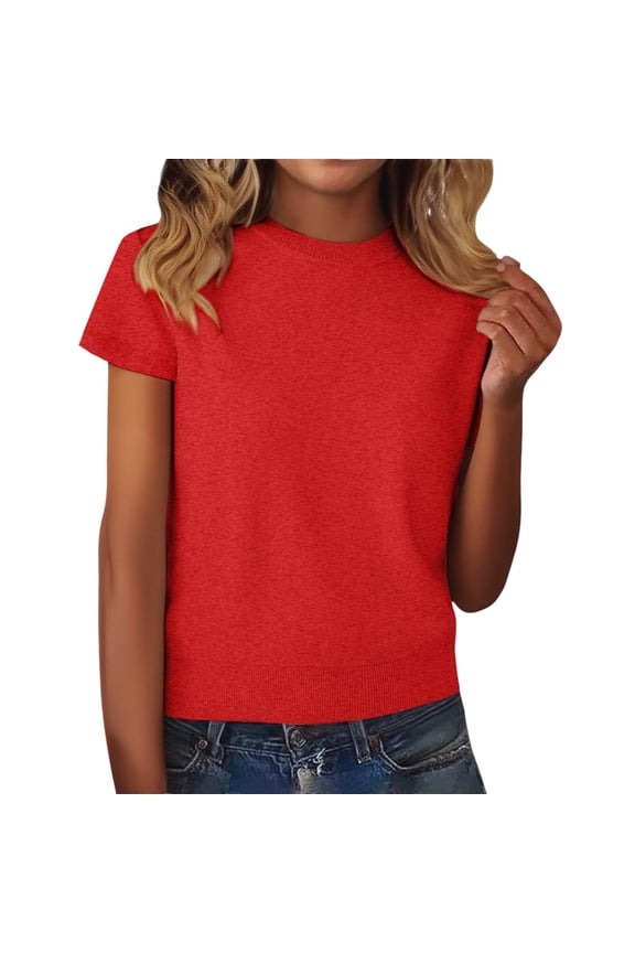Short Sleeve Sweater for Women, Women's Wool Blend Fall Layering Pullover Sweaters Womens Short Sleeve Sweater Red M